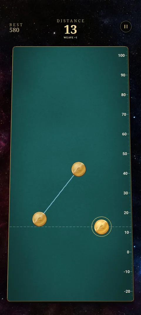 CoinWeave gameplay on emerald felt: three gold coins and a narrow gap for the next pass.